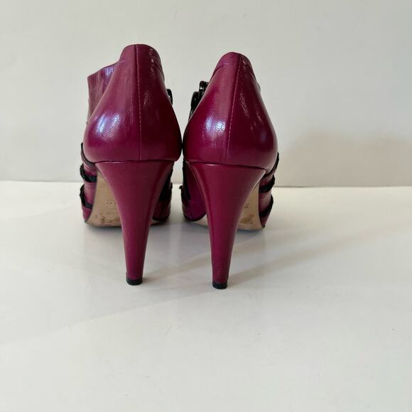 Tibi New York Heeled Bootie Size 7.5 Fuschia Pink Purple Black Ruffle - Picture 7 of 13